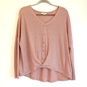 Umgee Long Sleeve Faux Button Twist Front Top Size M Pink White Stripe Oversized